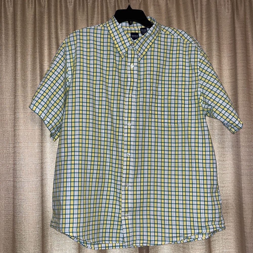 Basic Editions Mens XL Yellow Blue White Plaid Short Sleeve Button Down